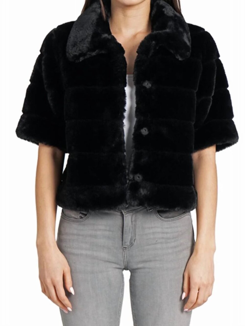 NWT Love Token Lester Faux Fur Shrug Sz XS Cropped Black Short Sleeve Jacket